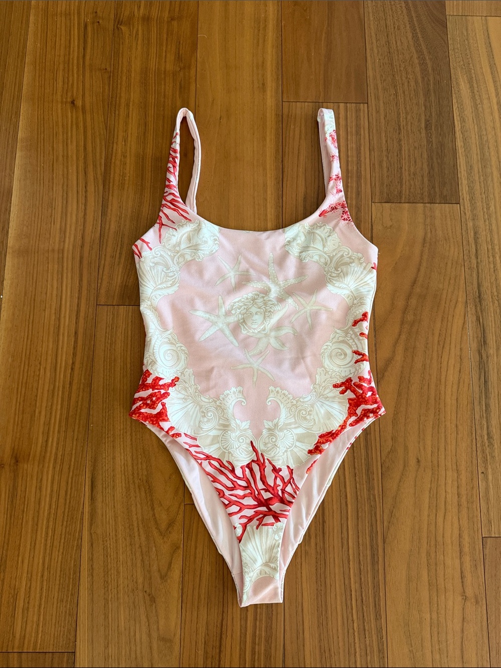 Versace Pink One-Piece Swimsuit with Red Coral Motif